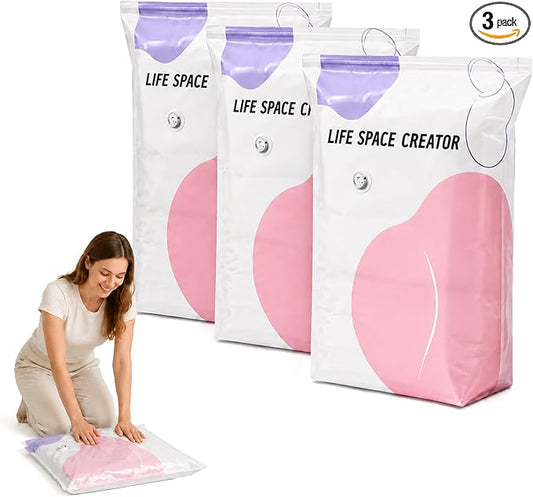 3 Pack No Pump Vacuum Storage Bags, 23.6 x 12.6 x 39.4 in | Large capacity space saver compression bags for comforters blankets bedding seasonal clothes closet organization and moving
