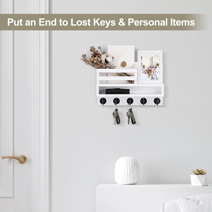 Key and Mail Holder Wall Mount, Key Hanger with Long Storage Box and 5 Hooks for Coat, Dog Leash, Home Decor Rack, House Accessories, Entry Way Organizer 11.8”W x 7.8”H x 3.2”D