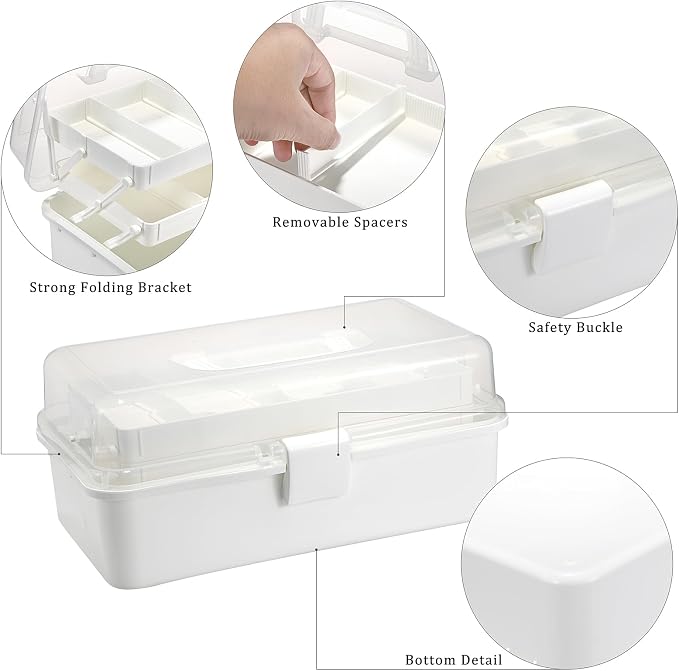 BTSKY 3-Layer Plastic Dividing Storage Box Craft Organizer and Storage | Portable Handled Art Supply Organizer with Adjustable Spacers Multipurpose Home Utility Box for Medicine Sewing(Beige White)
