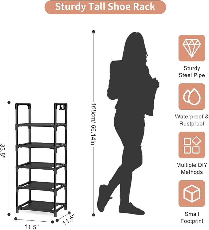LANTEFUL Narrow Shoe Rack 5 Tier Shoe Shelf Storage for 5-10 Pairs Shoe and Boot, Sturdy Shoe Storage Space Saving Corner Shoe Rack Organizer for Closet, Entryway, Living Room, Black