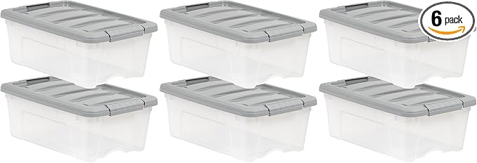 Amazon Basics Plastic Storage Containers with Secure Latching Lids, Stackable Organization Bins, Clear/Grey, 12 Quart, Set of 6