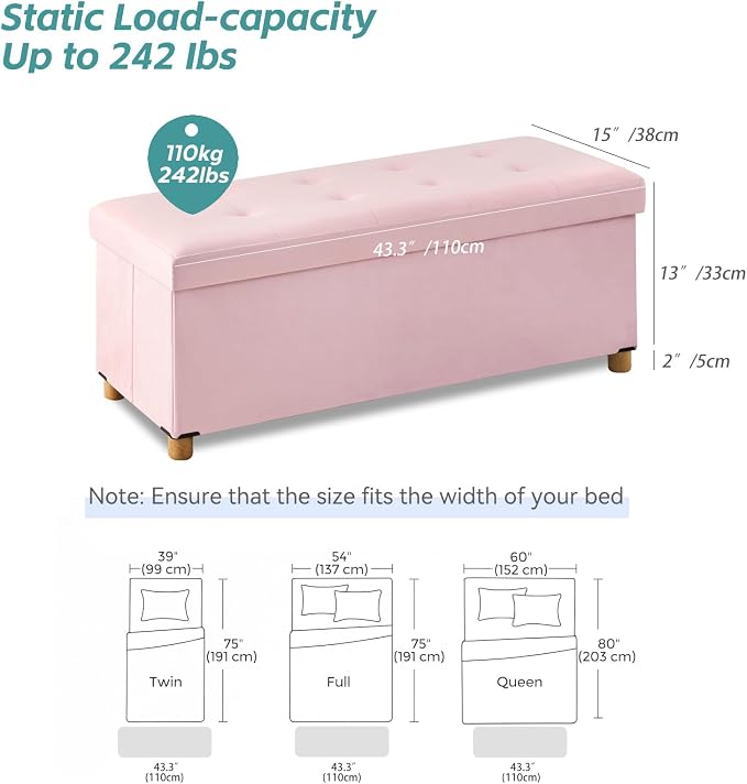 BRIAN & DANY 43 Inches Folding Storage Ottoman Bench, Ottoman with Storage Bench for Bedroom, Living Room, Entryway, with Legs, Pink