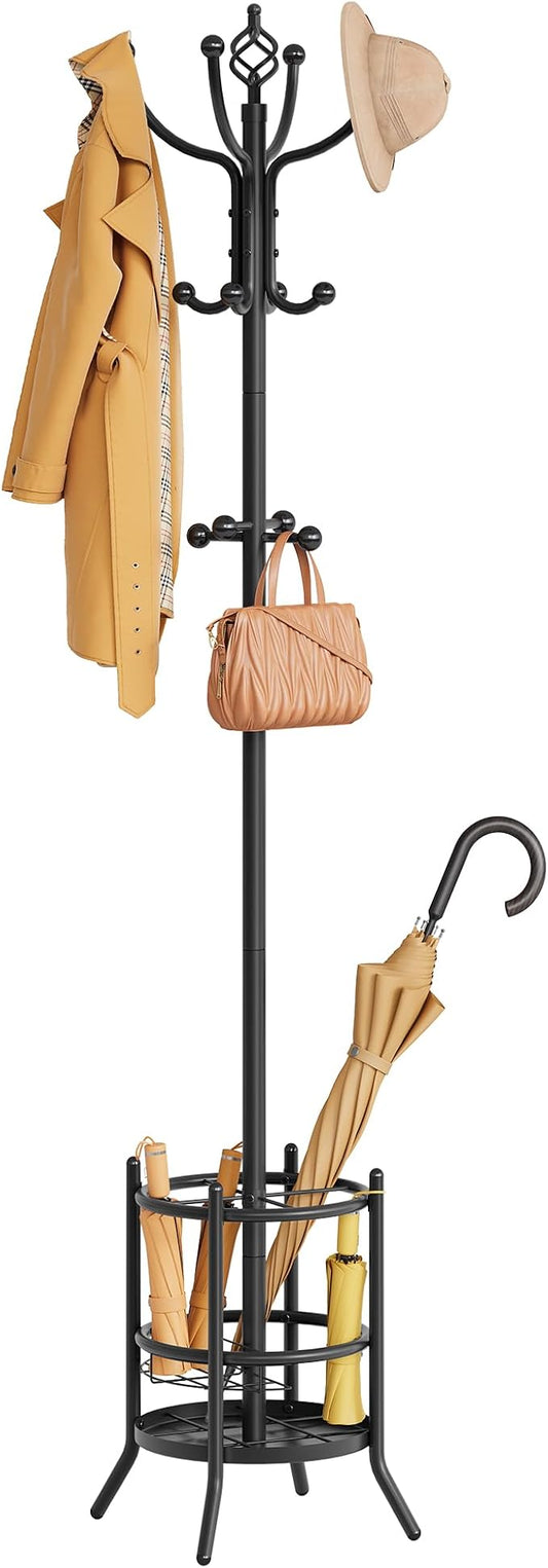 Tajsoon Coat Rack with Umbrella Holder, Coat Stand With 16 Hooks, Black | 2-In-1 Design, Coat Tree Freestanding, Durable & Stable, Space-Saving, For Living Room, Bedroom, Office