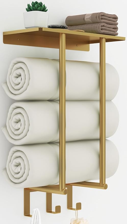 Gold Towel Rack with Shelf, Bethom Bath Towel Storage for Bathroom | Stainless Steel 3 Hooks Towel Racks for Small Bathroom Wall Mounted