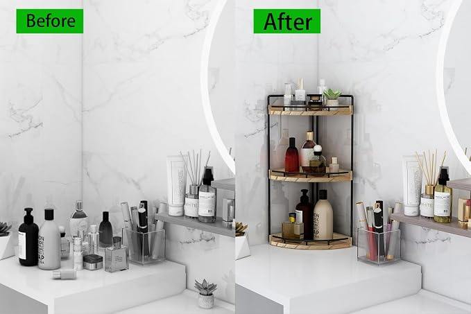 Dorhors Corner Bathroom Organizer Countertop,Vanity Counter Storage Shelf | 3 Tier Rustic Brown Stand Rack Holder for Kitchen,Dresser,Restroom,Wood Bathroom Sink Tray for Makeup,Perfume,Skincare,Lotion