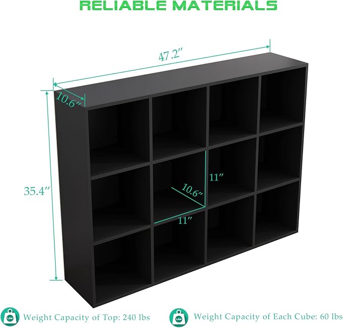 OSCHF 12-Cube Storage Shelf Bookcase, Black | Wooden 3-Tier Open Bookshelf, Fits 11×11" Bins, Vertical or Horizontal Use, Full Back Panels, For Home Office