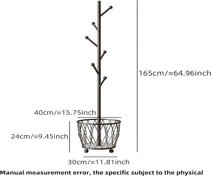 Black Moveable Tree Metal Coat Rack with Basket Freestanding 65" | Organizer for Scarf Jacket Hat Bags Ideal for Home Entryway Bedroom Corner Stable