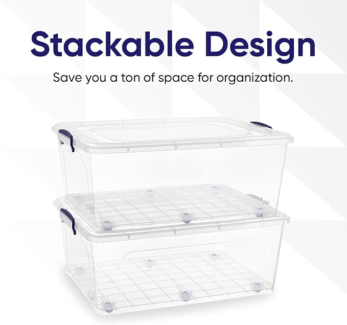 Superio Clear Storage Bin with Lid, Large Stackable Container with Lid, 60 Quart Wheeled Storage Box for Home, Garage, Storage