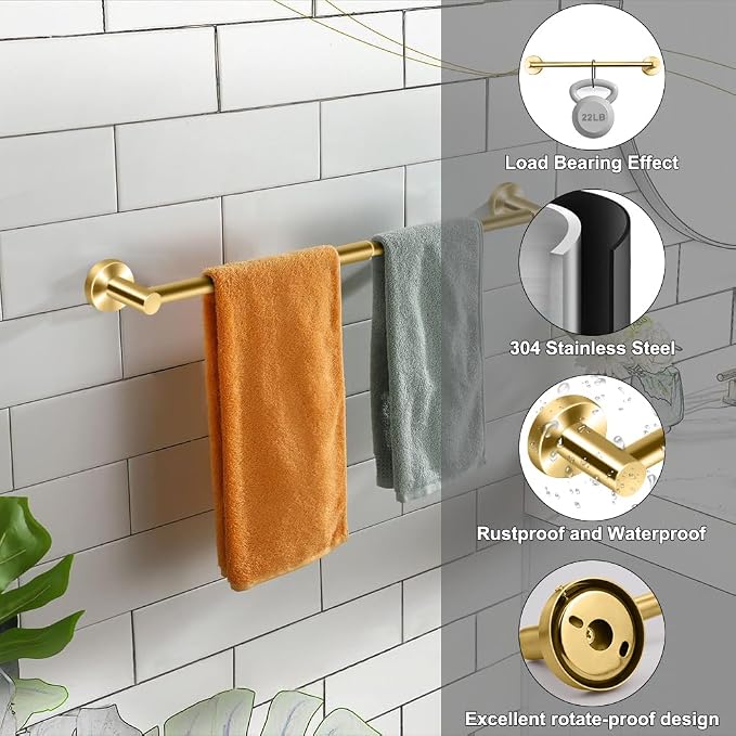 MGahyi Towel Racks for Bathroom-Adjustable Towel Holder(13.18inch-24inch) Sturdy and Rustproof Towel Bar Wall Mounted, Single Towel Bar Rod for Bathroom Accessories (Gold, 2Pcs-Towel Bar)