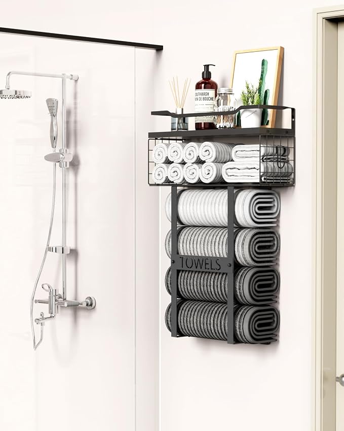 Wall Mounted Towel Rack for Bathroom - Bath Storage Holder Set Above Toilet, Rolled Towel Shelf Organizer, Wood Vertical Rack for Small Bathroom Decor, Black