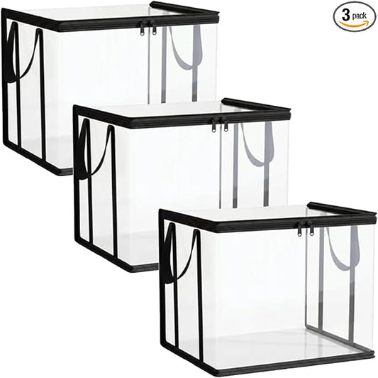 Clear Thin PVC Storage Bags - Lightweight Foldable Storage Bins with Hinged Lid & Handles, Reusable Clear Closet Organizer Containers for Clothes, Blankets, Textbooks, Toys, Travel