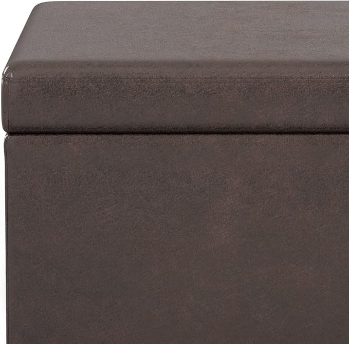 SIMPLIHOME Bretton 43" Wide Polyester Fabric Storage Ottoman in Umber Brown | Contemporary lift-top ottoman with high-density foam; rectangle storage bench or coffee table for living room or entryway.