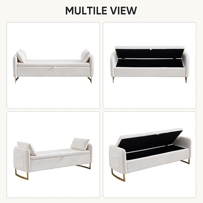 65" Storage Ottoman Bench, Storage Bench for Bedroom, End of Bed Storage Bench with Tufted Upholstered and Gold Legs, Bedroom Benches with Arms Window and Entryway, Chenille Cream