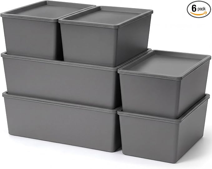 6 Pcs Plastic Storage Bins with Lids Stackable Storage Containers Durable Box Baskets for Organizing Shelves Playroom Classroom Office (Large and Small,Grey)