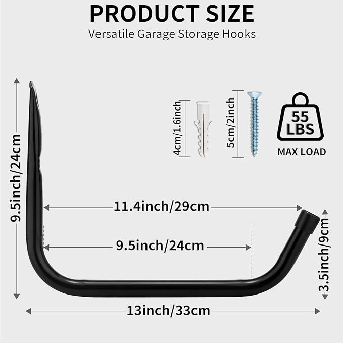 Heavy Duty Garage Storage Hooks, Wall Mounted Utility Hanging Rack for Surfboard, Ladder, Bike, Folded Chairs