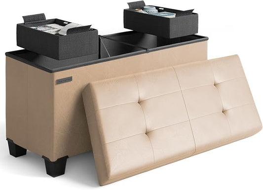 Storage Ottoman Bench with Bins, 30-in Storage Bench for Bedroom End of Bed, Folding Foot Rest Ottoman for Living Room Max 660lbs, Leather Ottomans, Taupe
