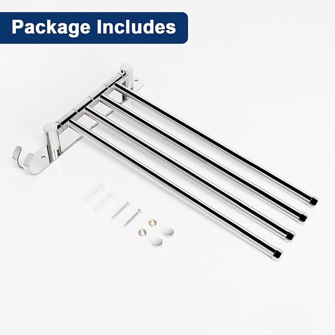 NearMoon Swivel Towel Rack, 13.8" Thicken 304 Stainless Steel 4-Arm Towel Bar, Space Saving Wall Mounted Towel Holder with Hook, Rustproof Swing Out Towel Hanger for Bathroom, Kitchen (Chrome Finish)