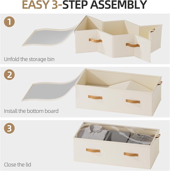 FHSQX 4 Pack Under Bed Storage Bins,10 Inch Tall,Beige, 31.5x15.8x10 inch | Clear Window, For Closet, Bed Sheets and Blankets