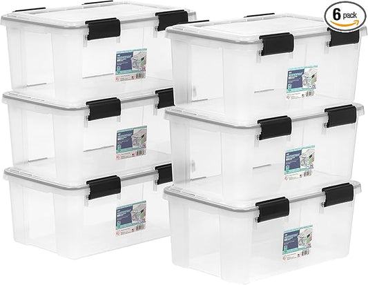 IRIS USA 6-Pack 19 Qt Storage Bins with Gasket Lids, Clear/Black | WeatherPro seal protects shoes, crafts, documents and supplies from dust and moisture