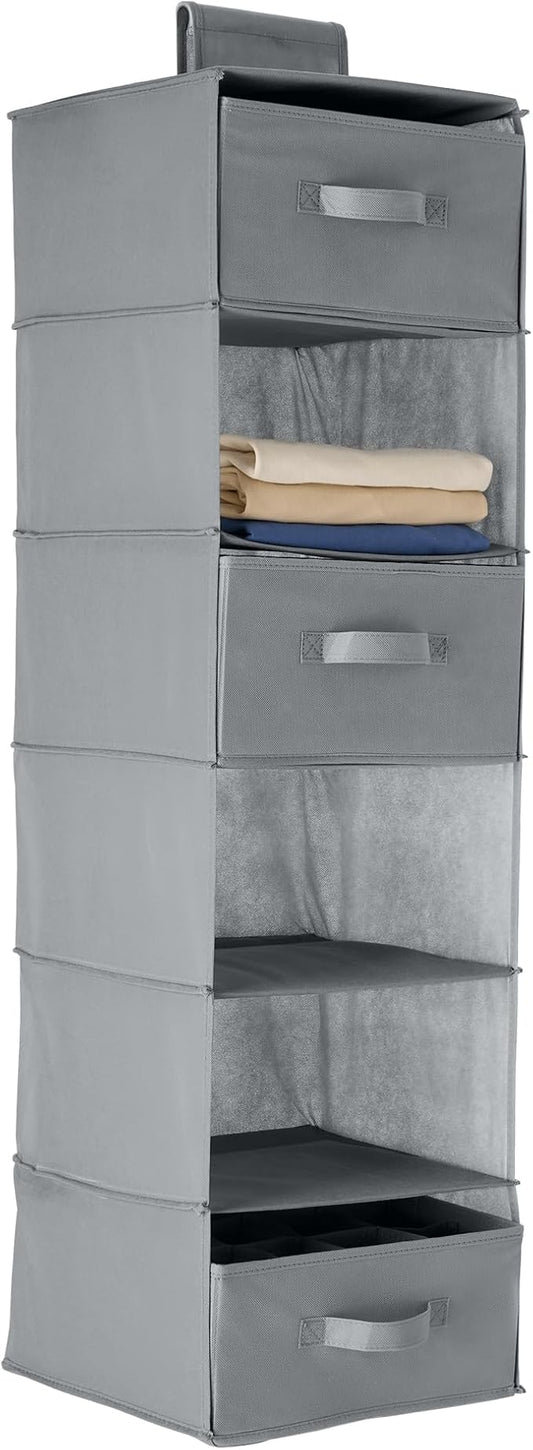 Amazon Basics 6-Tier Hanging Closet Organizer with Removable Drawers for Sweaters, 6.9"D x 13.6"W x 12.2"H, Grey