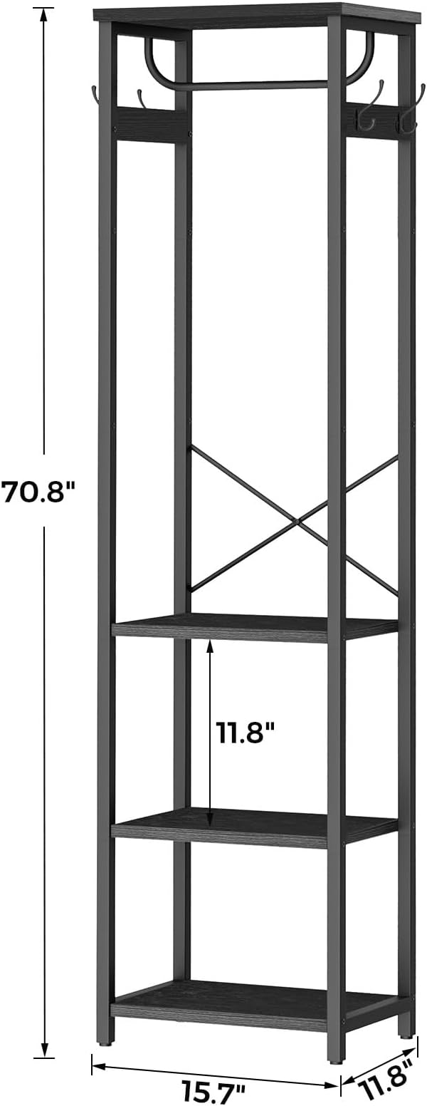 Coat Rack with Hanging Rod, Garment Rack with 3 Wooden Shelves and 4 Hooks, Freestanding Hall Tree, Industrial Clothes Rack Stand Organizer, Black