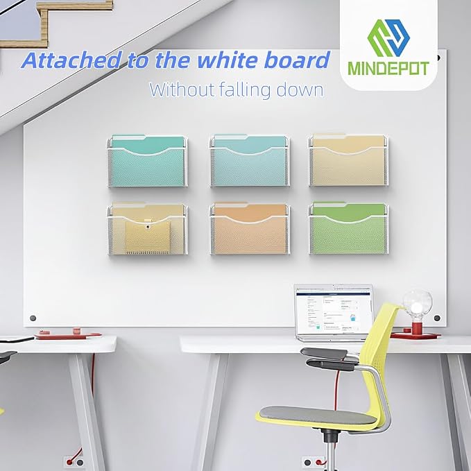 MINDEPOT Magnetic Wall File Organizer, Hanging File Holder, 3 Pack, White | Heavy Duty Iron, Powerful Magnet, Metal Mesh Wall Mount, Single Pocket, for Office School Classroom Home, Letter A4 Size