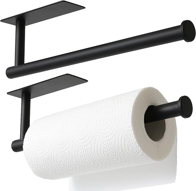 theaoo Under Cabinet Paper Towel Holder for Kitchen, Adhesive, 2 Pack Black | Self-Adhesive or Screw Mount for Cabinets and Walls; Durable SUS304 Stainless Steel Fits Standard and Jumbo Rolls