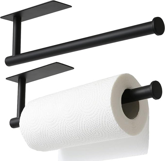 theaoo Under Cabinet Paper Towel Holder for Kitchen, Adhesive, 2 Pack Black | Self-Adhesive or Screw Mount for Cabinets and Walls; Durable SUS304 Stainless Steel Fits Standard and Jumbo Rolls