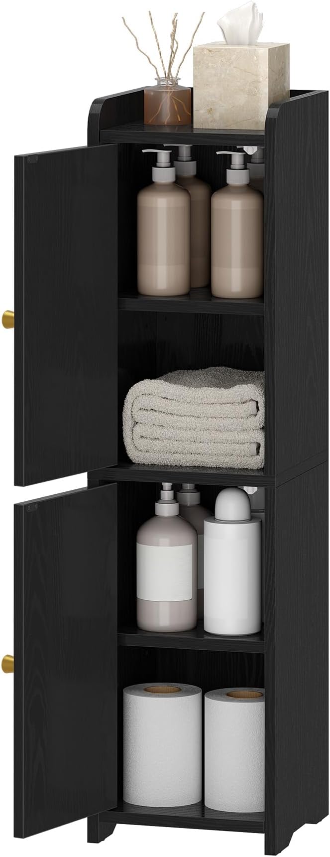 Hzuaneri Bathroom Storage Cabinet, Small Corner Floor Cabinet with 2 Doors | Narrow Toilet Paper Cabinets with Adjustable Shelf, Bathroom Organizer for Small Spaces, 7.9" D x 7.9" W x 29.5" H Black