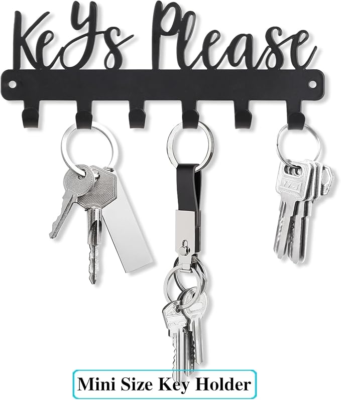 Keys Please Key Holder Wall Mounted, Mini Size: 7.28x2.95inch | Black Metal Decorative Rack Hooks for Garage,Mudroom,Hallway,Entryway,Front Door,Office