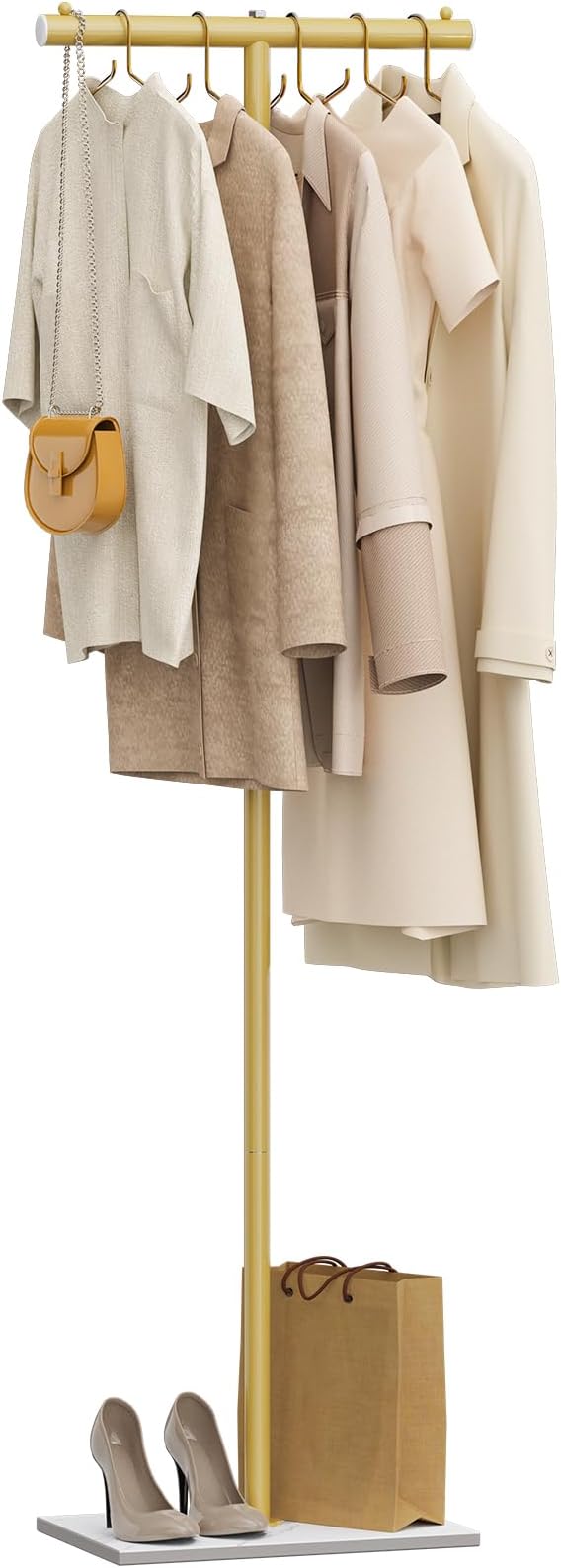 OUTBROS Freestanding Coat Rack, 68.9" High Small Clothes Rack, Gold | Coat Tree with Rock Base, T Shaped Coat Hanger Stand Suitable for Bedroom, Hallway, Entrance