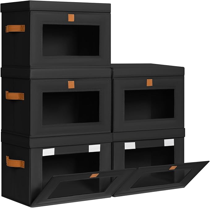 DIMJ Storage Bins with Lids - 5 Pack Front Opening Stackable Fabric Storage Boxes with Clear Window & Handles, Collapsible Closet Organizers for Clothes, Sweaters, Shelf Storage, Bedroom, Black