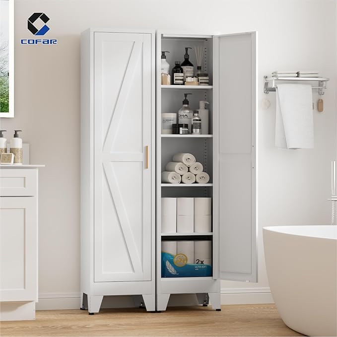 COFaR 67'' Tall Narrow Bathroom Storage Cabinet, Metal Farmhouse Skinny Pantry Cabinet with 4 Adjustable Shelves and One Door, Slim Cabinet Storage for Kitchen Laundry Garage, 5-Tier White