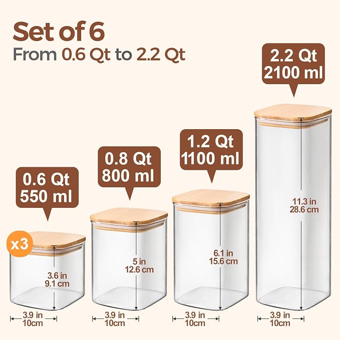 ComSaf Glass Storage Containers Set of 6 (2.2Qt/1.2Qt/0.8Qt/0.6Qt*3) | Pantry Storage Containers, Kitchen Jar, Glass Canisters, Bamboo Lid with Silicone Seal, Flour, Cereal, Spice Jar, BPA Free