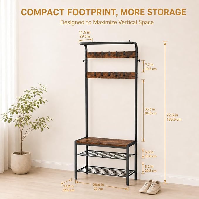 Simple Deluxe 4-in-1 Hall Tree with Bench and Shoe Storage, Entryway Coat Rack with 10 Hooks, Freestanding Mudroom Organizer with 2-Tier Shoe Rack for Entryway Bedroom Foyer, Brown
