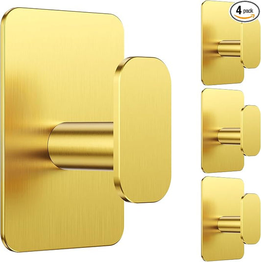 Large Heavy Duty Wall Hooks - 26lb Max, Stainless Steel Adhesive Towel Hooks for Hanging Towel, Coat, Robe, Hat, Sticky Towel Holder for Wall Mount in Bathroom, Shower, Kitchen (Gold, 4 Pack)