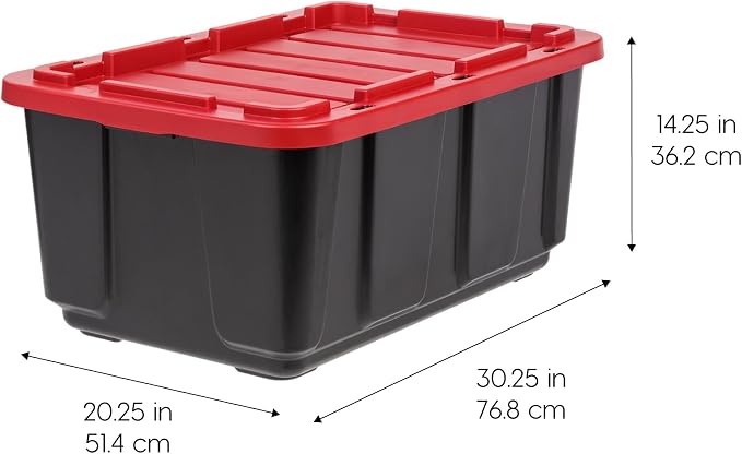 IRIS USA 4-Pack 27 Gal Heavy Duty Storage Tote Bins with Lids, Red | Large-capacity design stores seasonal gear, moving supplies and equipment, Stackable shape supports efficient organization