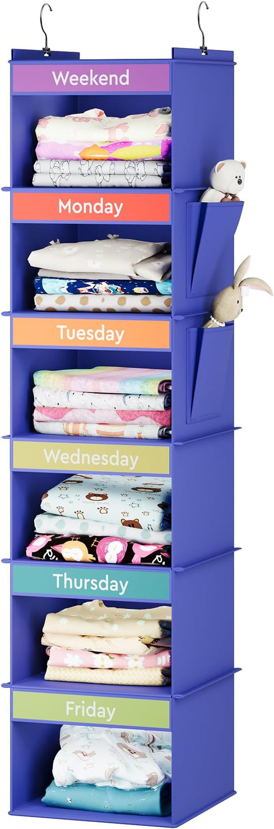 YOUDENOVA Weekly Clothes Organizer for Kids, Hanging Closet Organizer, Blue | Days of the Week Clothes Organizer, Reinforced Bamboo Slats, Kids' School Outfit Planning, Breathable Fabric, 2 Side Pockets