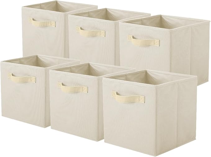 PowerKing Collapsible Storage Cubes, Farbic Storage Bins, Cream, 6 Pack | Sturdy, Lightweight, Easy Pull Handle, Closet & Shelf Organizer, Clothes and Toys Storage, 10.5'' x 11'' x 10.5''