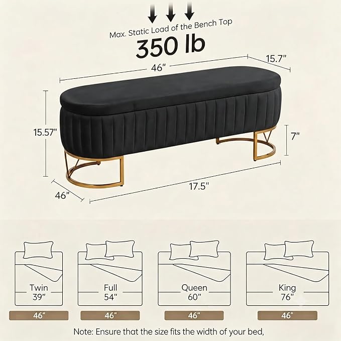 46" Storage Ottoman Bench, Velvet Oval End of Bed Bench Black | Easy 1-Min Assembly, High-Resilience Foam, Large Hidden Storage, Sturdy Gold Metal Legs