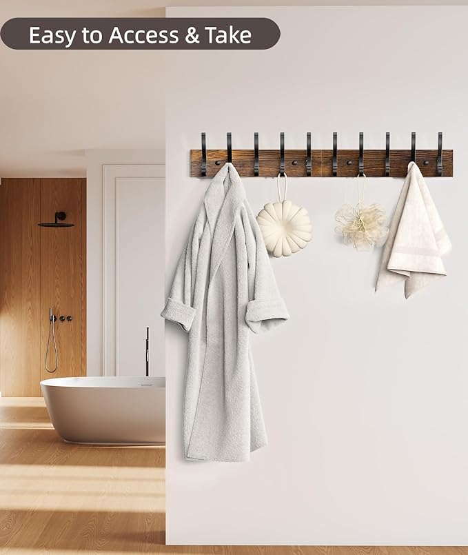 Optish 2 Pack Wooden Coat Rack Wall Mount, 16.1" Rustic Coat Hanger Hooks with 10 Double Hooks, Wall Coat Rack for Hat, Clothes, Bags, Jacket, Brown