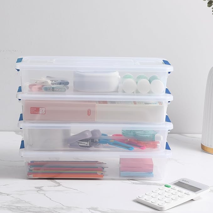 novelinks 4 Quart Clear Plastic Storage Containers with Lids (8 Pack) | Storage Bins with Lids, Stackable Small Clear Bins, Craft Storage Box, Paper Storage, Under Bed Storage Bins, Pencil Box