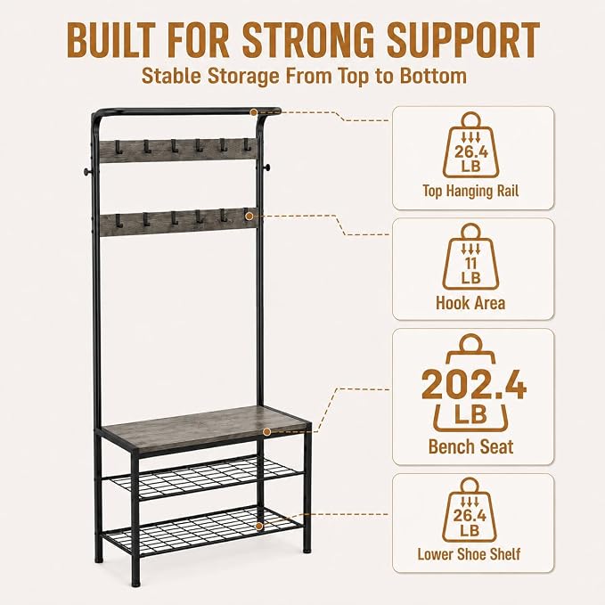 Simple Deluxe 4-in-1 Hall Tree with Bench and Shoe Storage, Entryway Coat Rack with 10 Hooks, Freestanding Mudroom Organizer with 2-Tier Shoe Rack for Entryway Bedroom Foyer, Grey