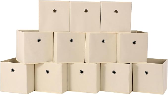 Foldable Storage Cubes Bins ,11 Inch Cloth Storage Cube Fabric Storage Box Cubes Organizer Baskets with Dual Handles for Home Organizer Set of 12 (Creamy-White)