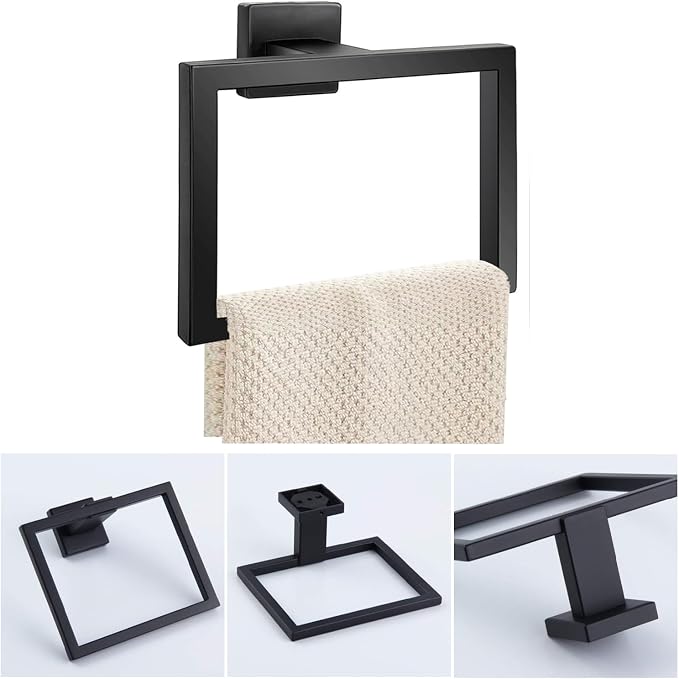 JOPOFI 2-Piece Towel Ring - Hand Towel Holder for Bathroom - Matte Black | Stainless Steel Towel Holder, Towel Racks for Bathroom, Square Modern Design Hand Towel Holder, Contemporary Hand Towel Bar