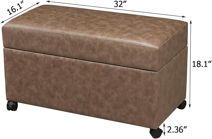 32" Leather Storage Ottoman Bench with Wheel, Rectangle Foot Rest Stool for Living Room, Bedroom, Entryway,Earthy Light Brown Veining