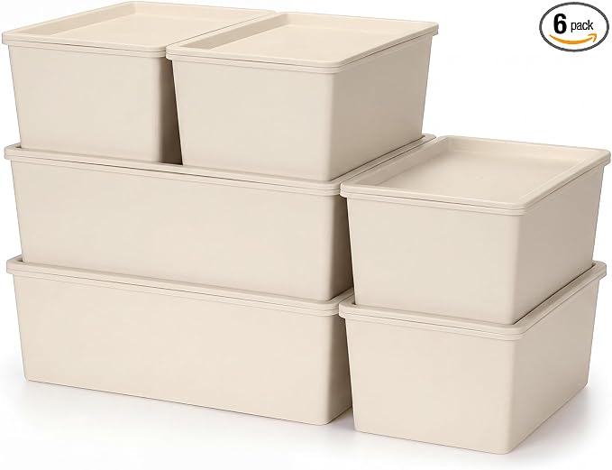 6 Pcs Large and Small Plastic Storage Bins with Lids 14.4 x 10.4 x 5.1 Inch Stackable Storage Containers Decorative Cubby Organizer for Clothes Shelves Garage Closet Office (White)