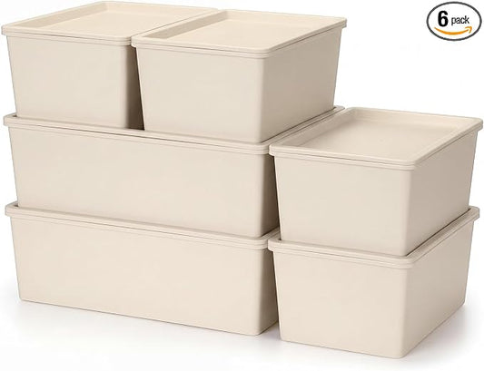 6 Pcs Large and Small Plastic Storage Bins with Lids 14.4 x 10.4 x 5.1 Inch Stackable Storage Containers Decorative Cubby Organizer for Clothes Shelves Garage Closet Office (White)