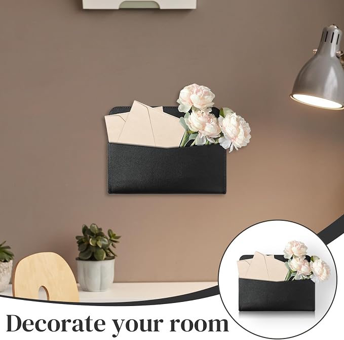3 PCS Wall Mount PU Leather Mail Holder Black Faux Leather Letter Holder 2 Ring Wall Mail Organizer Stylish Wall Hanging Mail Storage for Flowers Envelope Key Notebooks Home Office Decor