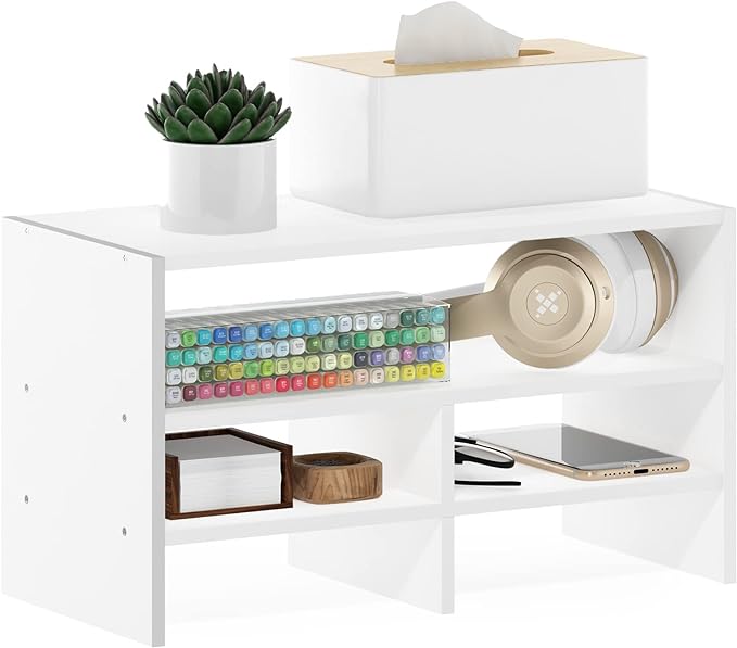 Furinno Hermite Desk Top Organizing Shelf Bookcase, White | Desktop Office Organization Racks with Open Shelves, Desk Top Display Book Shelf, for Paper, Office Supplies, Magazine